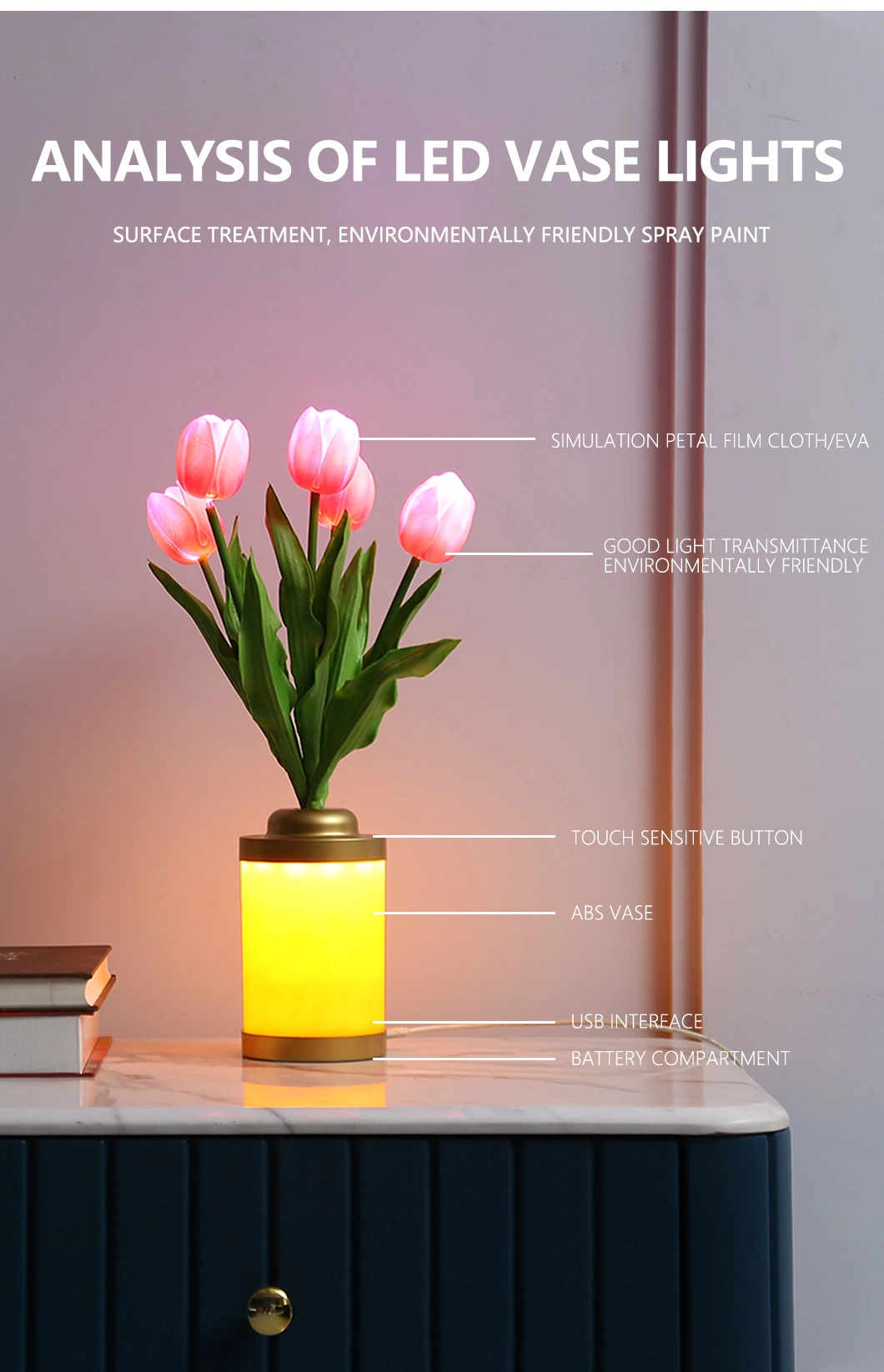 Amazon Tiktok Home Decoration LED Interior Lighting Desk Tiffany Bedside Rechargeable Lighting Touch Tulip Christmas Decoration Night LED Table Lamp