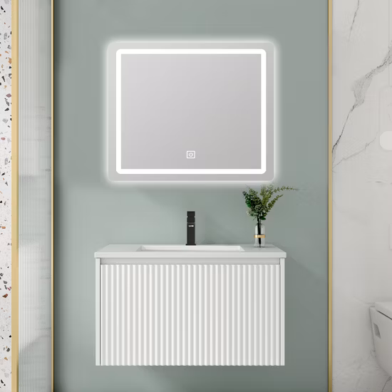1400mm largeur luxe Design moderne LED miroir rétro-éclairé bassin en pierre frittée mural en bois salle de bain vanité meubles
